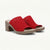 A pair of women's open-toe slide sandals with bright red woven straps and light brown block heels, shown on a clean off-white background.
