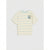 A short-sleeve crewneck t-shirt with horizontal light blue stripes on a cream base, featuring a small graphic print on the left chest, displayed against a light gray background.