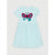 A light blue short-sleeve tulle dress for kids, featuring a sequined butterfly design on the chest with pink, teal, and silver sequins.