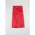 A bright red satin midi skirt with a gathered ruched waist and a front slit, laid flat against a light gray background.