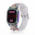 A Minnie Mouse digital kids watch with a white silicone strap, a colorful iridescent face, rhinestone trim, and a pink Minnie logo on the display.