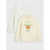 Two children's long-sleeve shirts laid flat on a light gray background. The back shirt is white with light green horizontal stripes, and the front shirt is cream with a green 'GOOD BALANCE' graphic and an orange cartoon character.