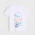 A white short-sleeve crewneck t-shirt featuring a colorful graphic print of various sports balls (football, basketball, baseball, soccer) with the text 'TIME TO WIN' and 'GOALS'.
