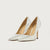 A pair of metallic silver pointed-toe pumps with slim high stiletto heels, shown on a light beige background.