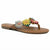 A brown flat thong sandal featuring three colorful faux-daisy flower embellishments on the strap in yellow, blue, pink, and green, shown against a plain white background.