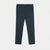 A pair of dark slate blue slim-fit trousers laid flat against a light gray background.