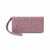 A dusty pink faux leather wristlet clutch with an embossed cursive logo on the front, featuring a matching wrist strap, shown against a plain white background.
