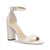 An off-white block-heel sandal with an ankle strap and a square toe, decorated with white faux pearls and rhinestones. The shoe is shown from a three-quarters angle on a clean white background.