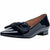 A single navy blue patent leather flat shoe with a matching fabric bow on the toe box, shown against a plain white background.
