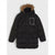 A black puffer jacket with a brown faux-fur trimmed hood, featuring a white graphic print on the left chest, displayed against a light gray background.