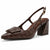 A dark brown slingback high-heeled shoe with an embossed crocodile pattern, featuring a pointed toe, a decorative bow detail on the vamp, and a block heel with a gold buckle.