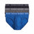 Three pairs of Hugo Boss men's briefs stacked vertically on a white background, featuring blue, gray, and black fabrics with branded elastic waistbands.