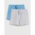 Two pairs of kids' drawstring shorts, one in light heather gray and one in light blue, displayed flat against a light gray background.
