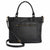 A black faux-leather handbag with dual top handles, a front zippered pocket, and a detachable shoulder strap, shown on a plain white background.