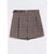 A pair of brown plaid shorts with a matching brown belt featuring a gold buckle, displayed flat against a light gray background.