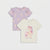 Two children's short-sleeve T-shirts shown on a light gray background. The top shirt is lavender with a repeating unicorn print.