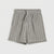 A pair of kids' drawstring shorts in heather gray with vertical white pinstripes, shown flat against a light gray background.