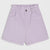 A pair of light purple denim shorts with a paperbag waistband, front button closure, and side pockets, shown flat on a light gray background.