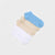 Four pairs of low-cut ankle socks in white, beige, and light blue, arranged in a fan shape on a light gray background.