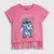 A pink short-sleeve t-shirt with fringe along the bottom hem, featuring a graphic of Disney's Stitch holding a plush toy, with the text 'ALWAYS HERE FOR LOODLES' and a Disney logo printed inside the collar.