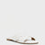 A single white textured leather slide sandal with crisscross straps and a low tan sole, shown from a side angle against a light gray background.