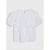A white short-sleeve blouse with layered ruffle details, displayed flat against a light gray background.