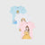 Three children's short-sleeve T-shirts with ruffled shoulders, shown in light blue, white, and pink, each featuring a Disney princess graphic. The shirts are arranged in a fan-like layout on a light gray background.