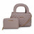 A light taupe quilted handbag set with a top handle and a matching zip-around wallet, both featuring gold-tone 'bebe' logos and a gold chain strap, shown on a white background.