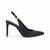 A single black pointed-toe slingback pump covered in sparkling rhinestones, featuring a slim high heel and a gold-tone buckle on the ankle strap, shown against a plain white background.