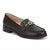 A black pebbled leather penny loafer with a low block heel and a gold-tone chain detail across the vamp, shown on a plain white background.