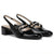 A pair of black patent leather slingback Mary Jane heels with a low block heel and double buckle straps, shown on a white background.