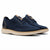 A pair of navy blue knit lace-up sneakers with tan accents on the tongue, heel tab, and sole, shown against a plain white background.