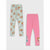 Two pairs of children's leggings laid flat on a light gray background. One pair is pale mint green with an allover cartoon dog print, and the other is bright pink with small cartoon dog graphics near the lower legs.