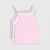 Three baby camisole tank tops stacked together on a light gray background. The front top is light pink with a small multicolor heart print, while the back two are lavender and off-white.