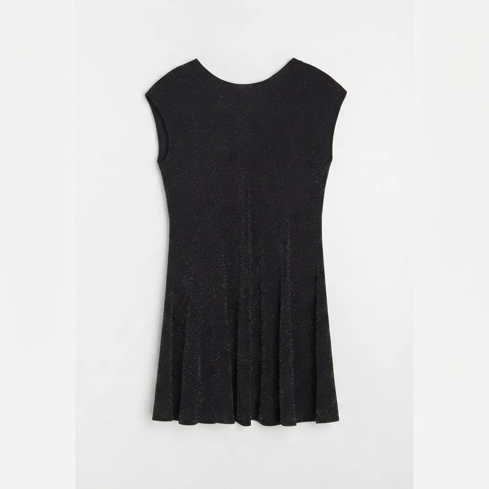 A sleeveless black knit dress with a crew neck and a flared, pleated skirt, shown flat against a light gray background.