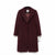 A long burgundy wool coat with notch lapels and front buttons, hanging on a black hanger against a plain white background.