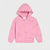 A pink zip-up hoodie with an all-over rainbow and heart print, displayed flat against a light gray background.