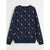 A navy blue long-sleeve crewneck sweatshirt featuring an all-over Christmas print of gingerbread men, candy canes, snowflakes, and white stars, displayed flat against a light gray background.