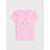 A pink short-sleeve baby tee with ruffled shoulders and a colorful unicorn graphic on the front, displayed against a light gray background.
