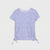 A short-sleeve crewneck top with an all-over light purple and white floral print, featuring side tie details at the hem, displayed flat against a light gray background.