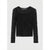 A black lace long-sleeve top with a crew neck, displayed flat against a light gray background.