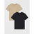 Two short-sleeve crew-neck t-shirts laid flat on a light gray background, one in beige and one in black, with the black shirt placed in front.