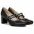 A pair of black leather Mary Jane pumps with a block heel and double buckle straps, shown on a clean white background.