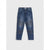 A pair of dark blue denim jeans with textured, ribbed patch panels on the thighs and lower legs, displayed flat against a light gray background.