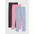 Three pairs of children's leggings in black, pink, and light blue with small multicolor polka dots, arranged in a fan shape on a light gray background.