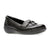 A single black leather slip-on loafer with a tassel detail on the strap, shown from a side profile against a plain white background.