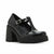 A black patent leather Mary Jane platform shoe with a chunky block heel and a silver buckle, shown from a side profile on a white background.
