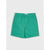 A pair of green shorts with an elastic waistband, laid flat against a light gray background.