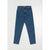 A pair of medium wash blue denim jeans laid flat against a light gray background.