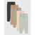 Five pairs of jogger-style pants in different colors are arranged in a staggered stack on a light gray background. The colors are dark charcoal, tan, taupe, cream, and sage green.